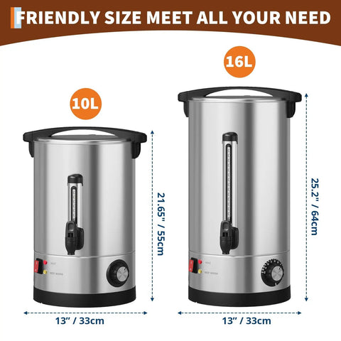 Honest To Goodness Commercial Coffee Urn 110 Cup Electric Coffee Maker with sizes 10L and 16L shown, stainless steel material.