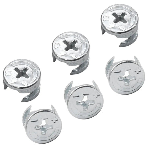 Built Tough 20 Pack 15X9.5MM Cam Lock Nuts For Furniture Fixes And Cabinet Assemblies Carbon Steel Nickel Plated visible in a group.
