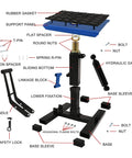 PolarBear blue dirt bike stand with center jack and hydraulic damper; exploded view of components