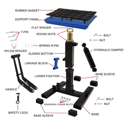 PolarBear blue dirt bike stand with center jack and hydraulic damper; exploded view of components