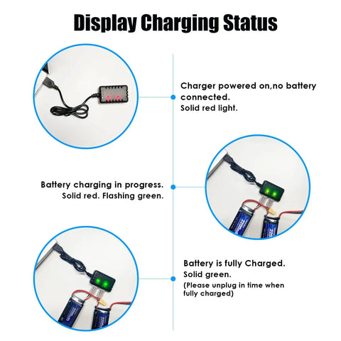 Image displaying charging status of 2S 2200mAh 7.4V Lipo Battery with XT60 Plug at various stages.