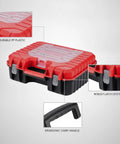 Grab-And-Go Portable Plastic Tool Box With Handle For Hardware Storage, Red And Black, Fits Standard Workshop Shelves, Compact 11.8 X 10.2 X 3.9 Inches, showing latch and handle details