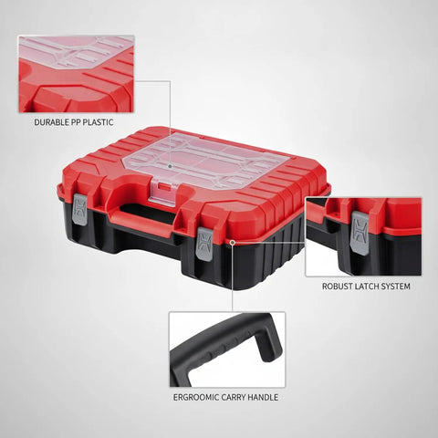 Grab-And-Go Portable Plastic Tool Box With Handle For Hardware Storage, Red And Black, Fits Standard Workshop Shelves, Compact 11.8 X 10.2 X 3.9 Inches, showing latch and handle details