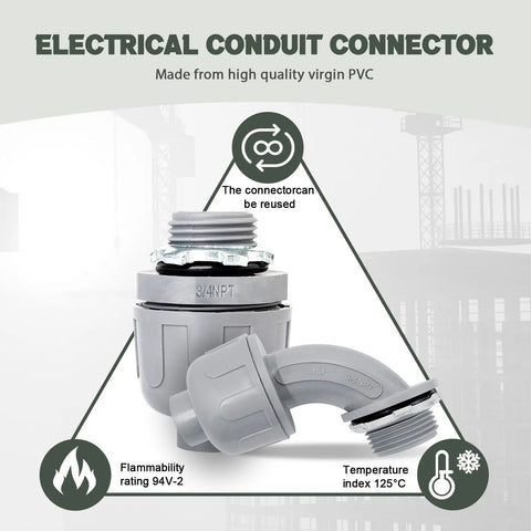 10 Pack 2 Inch Liquid Tight PVC Conduit Connectors Set Straight and 90 Degree Non Metallic Flexible Fittings for Home Gray