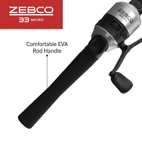 Micro Spincast Reel And Rod Combo For Beginners With A Five Foot Two Piece Rod shown with EVA rod handle.