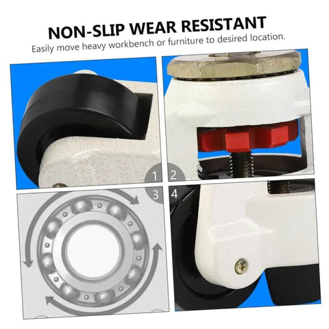 Heavy Duty Leveling Transport Casters 4 Pack With 500kg Capacity For Workbenches, Utility Carts And Equipment, Industrial Plate Swivel Wheels, Adjustable Non Slip, Durable Aluminum Body, Wear Resistant Nylon Wheel close-up of wheel and leveling pad