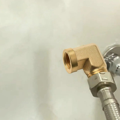 Kick Ass 90 Degree Solid Brass Elbow Fitting 1/4 Inch NPT Male X Female Right Angle Pipe Adapter For Hydraulic Gas Water Systems Heavy Duty Leak Proof Seal Built Tough CA360 Forged Brass Rated High Pressure 1200 PSI No Fail Performance All Jobs installed on a braided hose