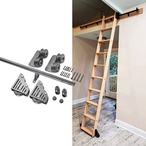Heavy Duty Rolling Ladder Hardware Kit With Black Carbon Steel Track System, Big Spoke Wheel Rollers for sliding barn doors