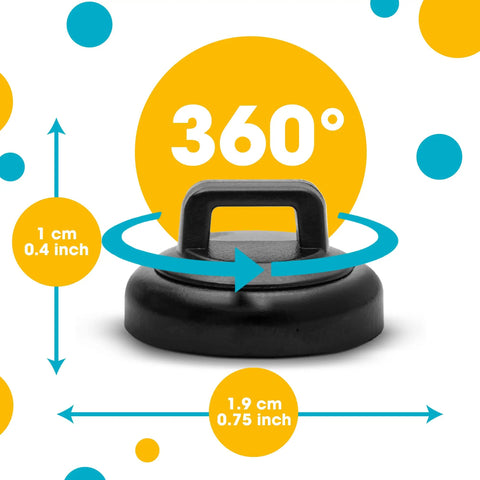 Magnetic Cable Zip Tie Mount Black showing 360-degree rotation with dimensions labeled 1.9 cm diameter, 1 cm height
