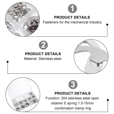 Open Retaining Ring Kit 1.5 To 15mm Stainless Steel Circlip Set Assortment For Automotive Machinery And DIY Projects Durable Easy To Install Clips For Quick Fixes And Reliable Seals, stainless steel assortment box