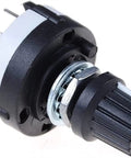 Close-up of 3P4T Rotary Switch Band Selector With Knob 4 Pole 3 Position Single Deck Black Finish Smooth Encoder Style Switch For No Fuss Install And Precise Control, showing black knob and connection points.