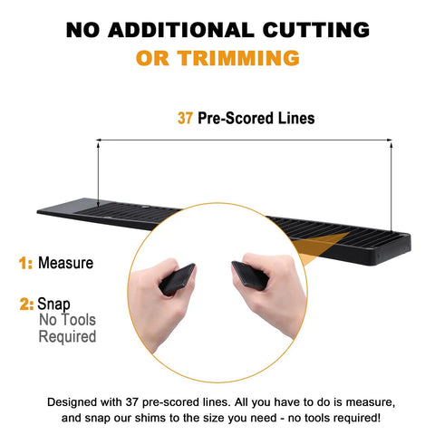 Bulletproof Black Composite Shims For Leveling Heavy Duty Plastic Furniture Levelers And Table Wedges Built Tough, showing hands snapping shim along pre-scored lines.