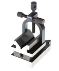 Beefy Full Angle V Block Fixture For Drilling Milling And Grinding, Hardened Steel With Adjustable Side Screws To Stop Tilting, 3.5 By 1.875 By 1.875 Inches, Rugged Precision Shop Tool, shown holding stock