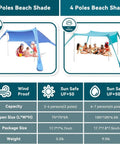 Comparison of 2 and 4 poles Portable Beach Shade Tent Sun Shelter UPF50 Canopy With Sandbags For Family Beach Days Camping Fishing Backyard Picnics
