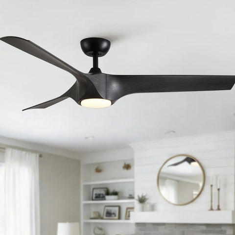 56" Farmhouse Reversible Ceiling Fan Light with Dark Gray ABS Blades, modern design with matte black finish and LED light.