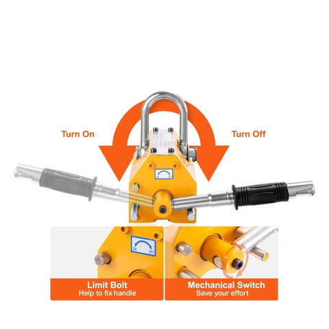 Heavy Duty Permanent Magnetic Lifter With Crazily High Two Thousand Kilogram Pulling Power For Gritty Steel Hauling Jobs On Site showing mechanical switch and limit bolt.