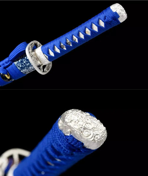Blue Dragonfly Wakizashi Samurai Sword Combat Ready High Carbon Steel Hand Forged Full Tang Katana handle detail