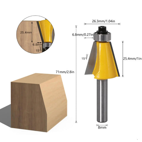 Fabater 8mm Chamfer Router Bit with Bearing, perfect for woodworking bevel edging on MDF and solid wood at 15 degrees.