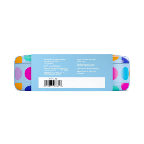 Welly first aid kit tin, side view with blue label and multicolor polka-dot sides.