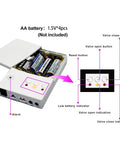 Open battery compartment of Leak Detector With Auto Shutoff Valve And Loud Alarm, showing reset button and valve indicators.