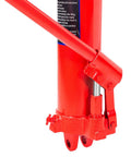 Red 8-ton long hydraulic ram jack with clevis base and single-piston pump