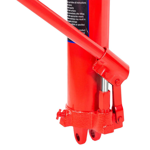 Red 8-ton long hydraulic ram jack with clevis base and single-piston pump