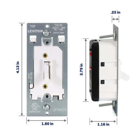 Toggle Slide LED Dimmer Switch For 150W Dimmable LED Halogen And Incandescent Lights Flicker Free Smooth Dimming White Finish TSL01-W dimensions
