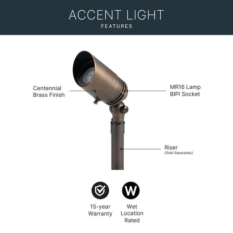 12V MR16 Adjustable Cowl Brass Accent Light For Landscape Lighting In Centennial Brass Finish, Directional Outdoor Fixture, Model 15485CBR