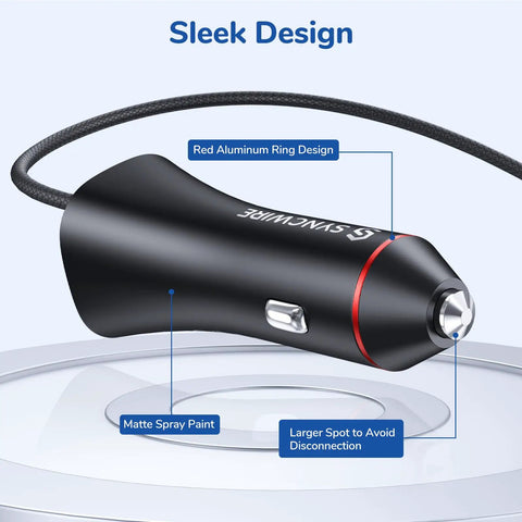 MFi Certified USB C Car Charger for iPhone and iPad, 32W Quick Charge With PD 20W And 12W USB, sleek black design with red ring