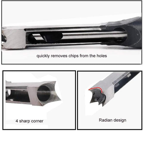 Top Shelf 3/4 Inch Woodworking Mortising Chisel showing 4 sharp corners and radian design for efficient chip removal.