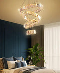 Four Ring Crystal LED Chandelier Pendant Light With Warm White 3000K Dope Modern Stainless Steel Ring Ceiling Fixture in bedroom
