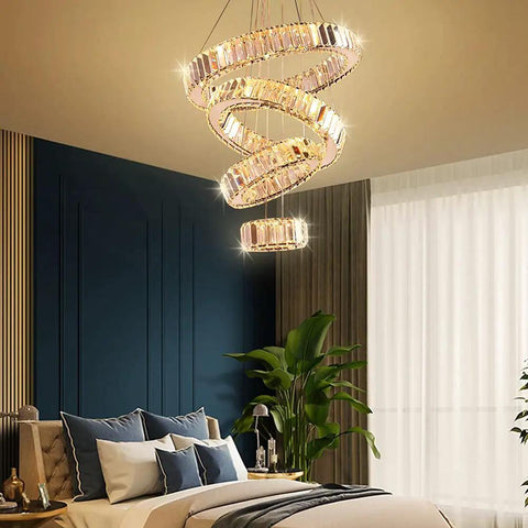 Four Ring Crystal LED Chandelier Pendant Light With Warm White 3000K Dope Modern Stainless Steel Ring Ceiling Fixture in bedroom