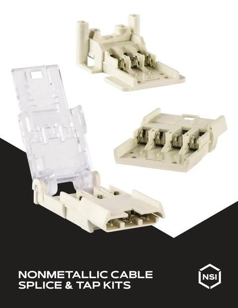 Non-Metallic Cable Splice Box For 12 To 14 AWG Three-Conductor Cable With Ground, NMS-3, shown with clear cover open and closed