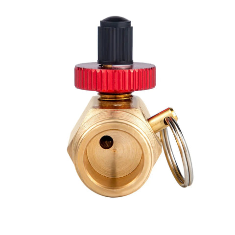 Heavy Duty Shop Tested brass air tank manifold assembly valve with red knob for pressure control.