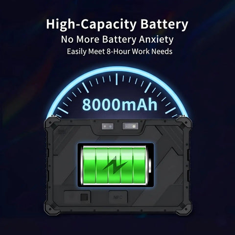 Rock Solid 10.1 Inch Rugged Tablet With 2D Barcode Scanner And Windows 11 Pro showing 8000mAh battery indicator on a robust interface.