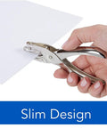 Hand using Metal Single Hole Punch for Home Office Punches up to Five Sheets at a Time One Quarter Inch Holes Handheld Chrome Puncher