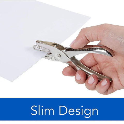 Hand using Metal Single Hole Punch for Home Office Punches up to Five Sheets at a Time One Quarter Inch Holes Handheld Chrome Puncher