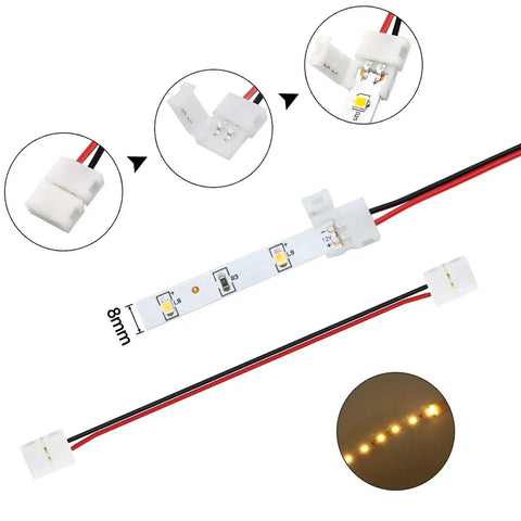 Two Pin LED Strip Connector for 8mm Wide 3528 2835 Single Color Flex Strips Solderless Snap Down Wire to Strip Adapter Beefy 4A 0 to 24V