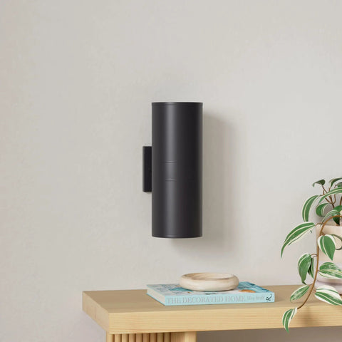 Dusk To Dawn Outdoor Wall Light With Up And Down Sconces Waterproof Anti Rust Cylinder Black on a modern wooden shelf