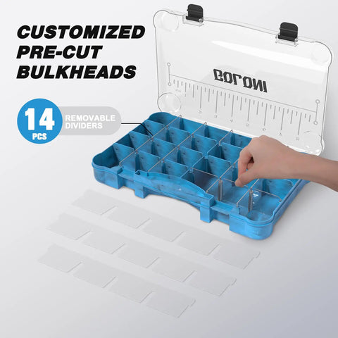 Open clear plastic tackle box with removable dividers, part of Clear Plastic Fishing Tackle Box Organizer Set Four Pack.