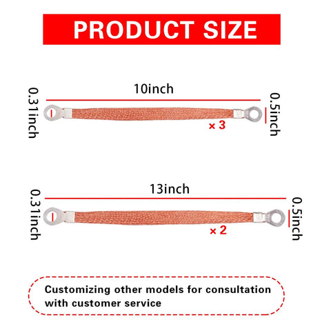 Five Pack Top Shelf Automotive Engine Grounding Straps crafted from flexible copper braid, showing sizes 10inch and 13inch with detail.
