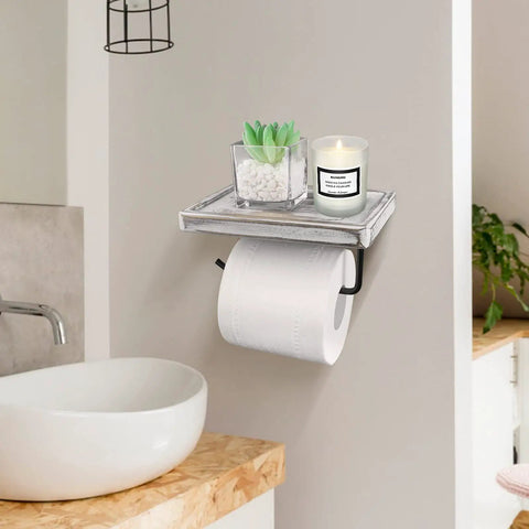 Rustic Wood Toilet Paper Holder With Shelf Easy Mount Wall Mounted Tissue Roll Holder With Black Metal Accents All In One Bathroom Organizer For Bath And Washroom Sturdy Pine Wood displaying items
