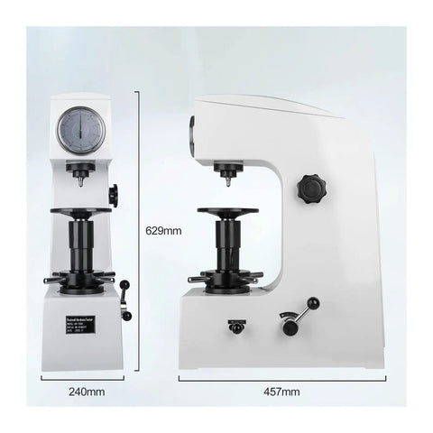 Top Shelf Rockwell Hardness Tester Benchtop Scale With HRC HRA HRB Scales 150 Kgf Max Load side view with dimensions