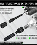 Seven Piece Impact Socket Adapter Kit for Drills, showing detailed view of hex shank and various adapters, black oxide finish.