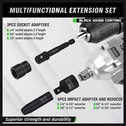 Seven Piece Impact Socket Adapter Kit for Drills, showing detailed view of hex shank and various adapters, black oxide finish.