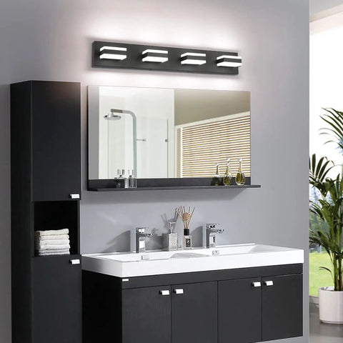 Matte Black 4 Light Bathroom Vanity Light Fixture With LED Dimmable Bulbs, 32W Cool White 6000K, over modern double sink