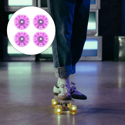 Light Up Quad Skate Wheels Set of 4 with Bearings for Indoor and Outdoor Roller Skates, Iridescent Pink Purple Glow displayed with skater