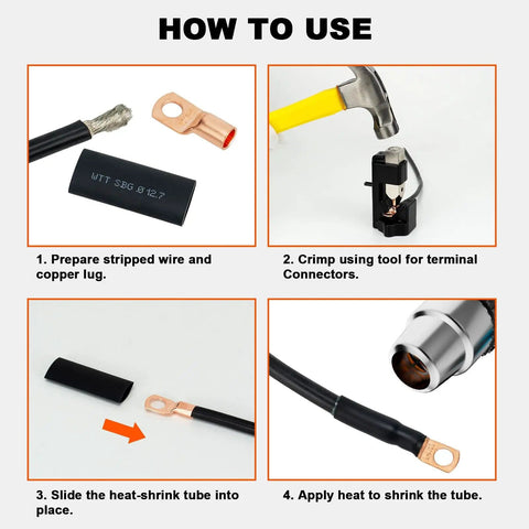 Pro Grade Copper Wire Lugs Set 130 Pieces With 60 Heat Shrink Tubing For Battery Cables AWG 2 To 16 installation steps