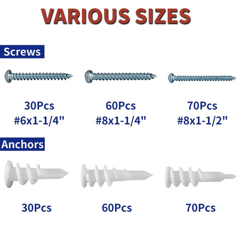 320 Piece Self Drilling Drywall Anchors And Screws Kit No Pre Drill 75 Lb Capacity with 3 size assortment labeled Various Sizes