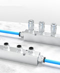 Two Pack 5 Way 7 Port Pneumatic Air Manifold Block with One Half Inch NPT Supply Port and One Quarter Inch NPT Output Ports